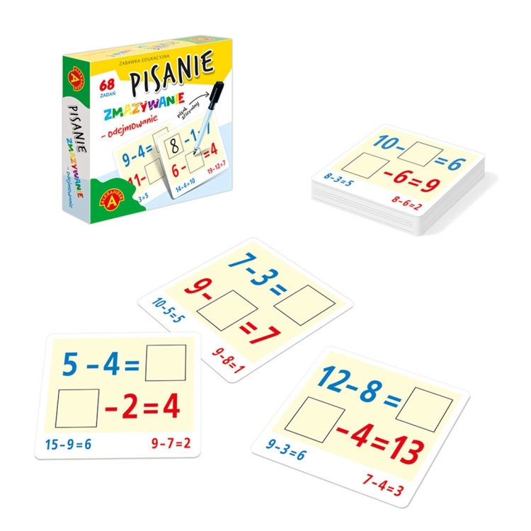 Dwustronne plansze z zadaniami matematycznymi z zestawu Rysowanie Zmazywanie Odejmowanie