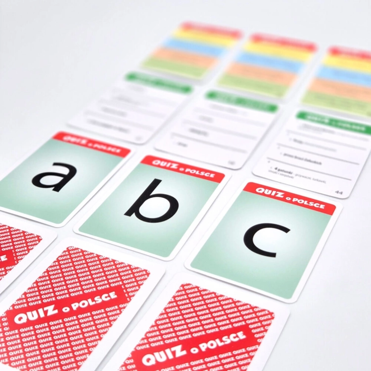 Zbliżenie na karty z pytaniami z gry Quiz o Polsce