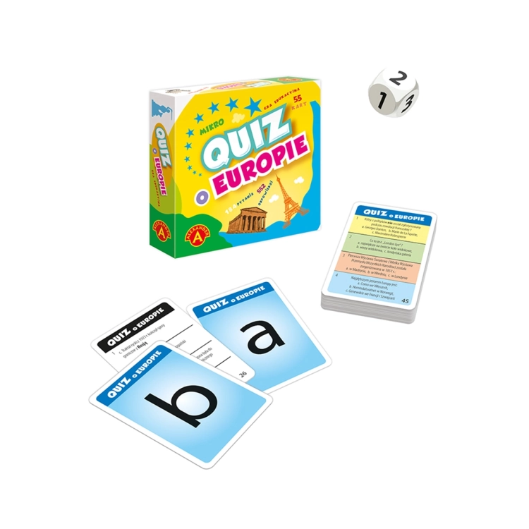 Opakowanie i zestaw kart gry edukacyjnej Quiz o Europie firmy Alexander