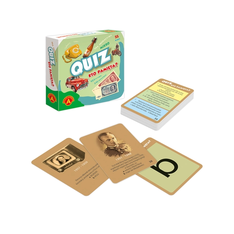 Opakowanie gry edukacyjnej i zestaw kart Quiz Kto Pamięta? od Alexander