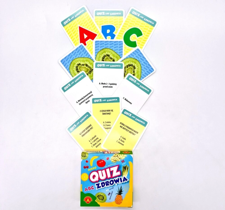 Zbliżenie na karty z gry Quiz ABC Zdrowia
