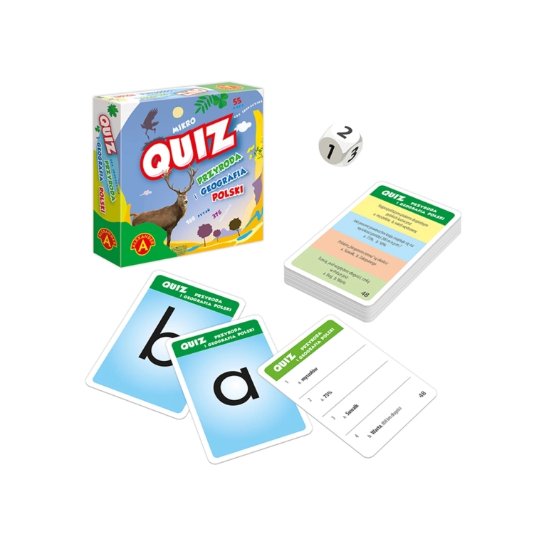 Zawartość gry Quiz Przyroda i Geografia Polski – karty, instrukcja i kostka.