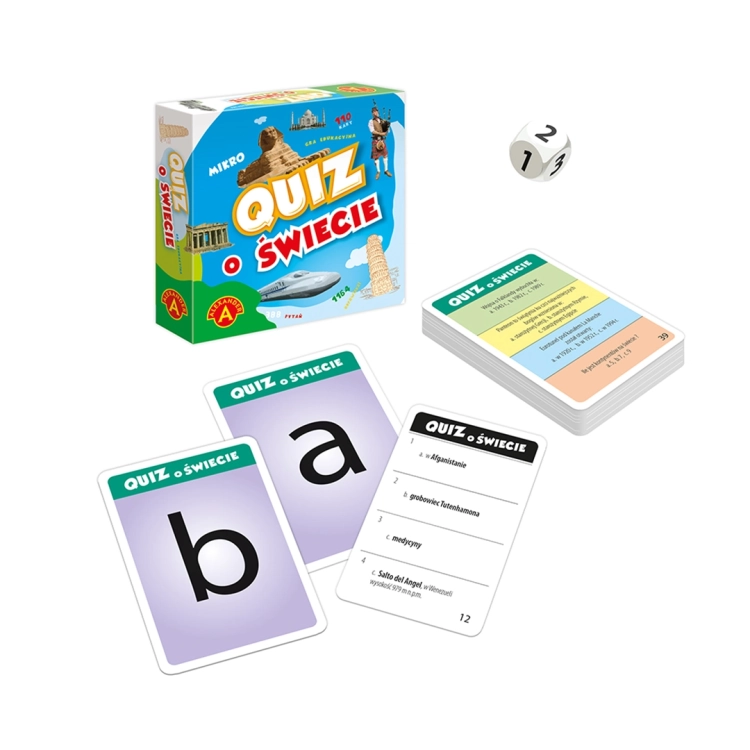 Zawartość gry Quiz o Świecie – karty, instrukcja i kostka.