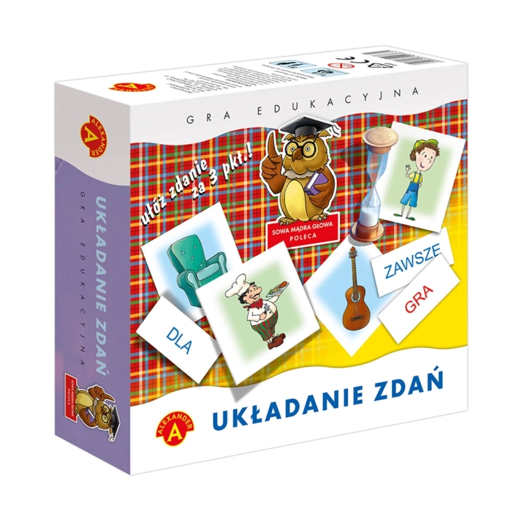 Opakowanie gry edukacyjnej „Układanie Zdań” marki Alexander, z ilustracją sowy, kartami z obrazkami i słowami.
