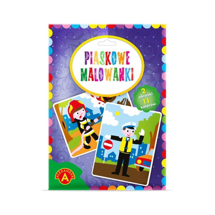Opakowanie zestawu kreatywnego „Piaskowe Malowanki” marki Alexander, z ilustracjami strażaka i policjanta