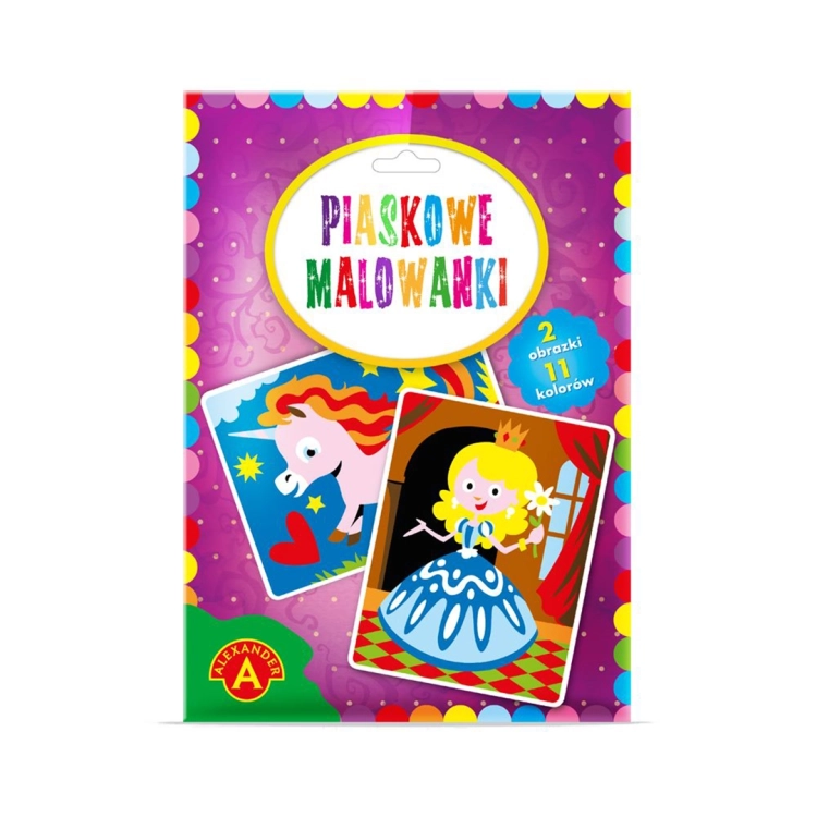 Opakowanie zestawu kreatywnego „Piaskowe Malowanki” marki Alexander, z ilustracjami księżniczki i jednorożca