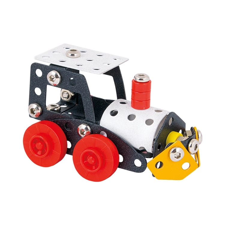 Metalowy model lokomotywy z zestawu „Mały Konstruktor Steamer” marki Alexander, skręcony z elementów konstrukcyjnych.
