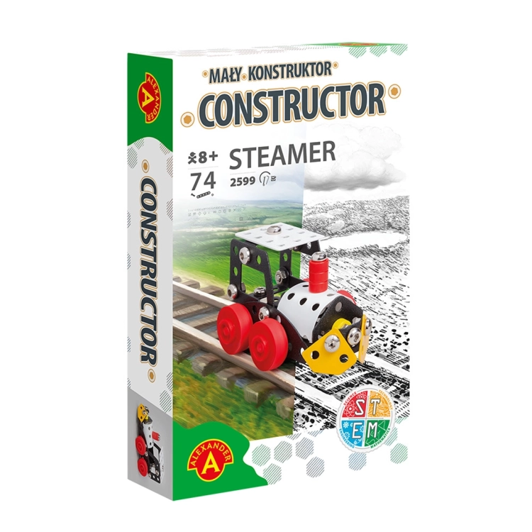 Opakowanie zestawu „Mały Konstruktor Steamer” marki Alexander, z ilustracją lokomotywy na torach.