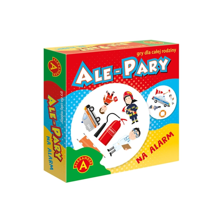 Opakowanie gry karcianej „Ale Pary – Na Alarm” marki Alexander, z ilustracjami strażaka, ratownika, lekarza i sprzętu ratunkowego.