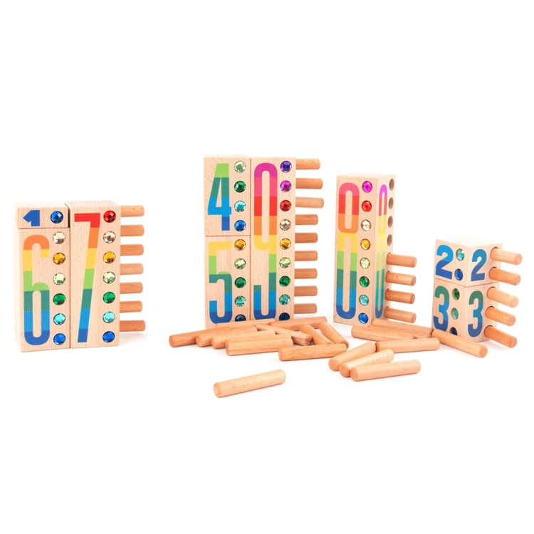 Klocki cyferki z kryształkami i kołeczkami do liczenia Bajo – edukacyjna zabawka drewniana