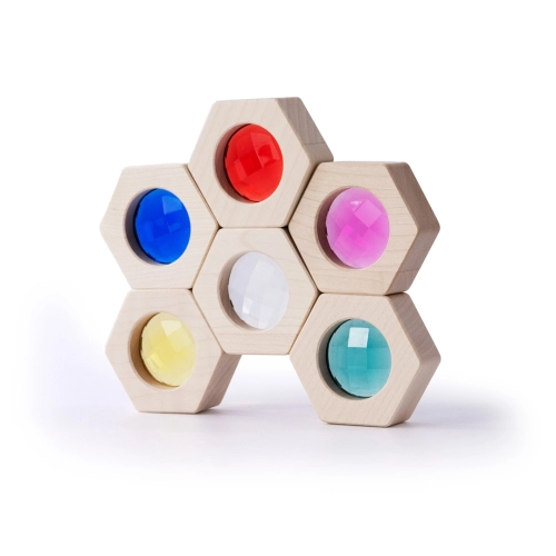 Zestaw drewnianych kalejdoskopów Bajo z kolorowymi szkiełkami.