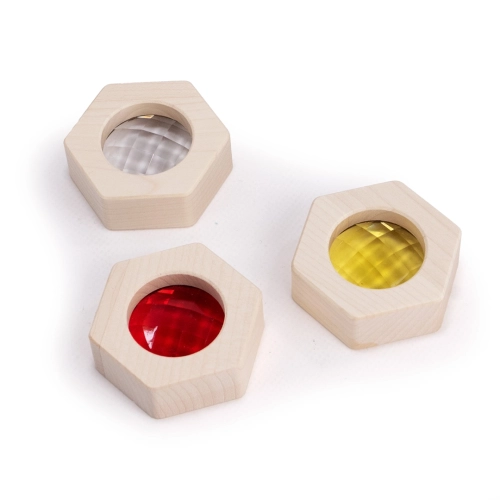 Zestaw drewnianych kalejdoskopów Bajo z kolorowymi szkiełkami.