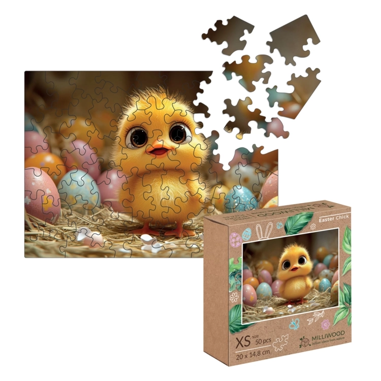Drewniane puzzle wielkanocne Kurczaczek 50 el., układanka dla dzieci.