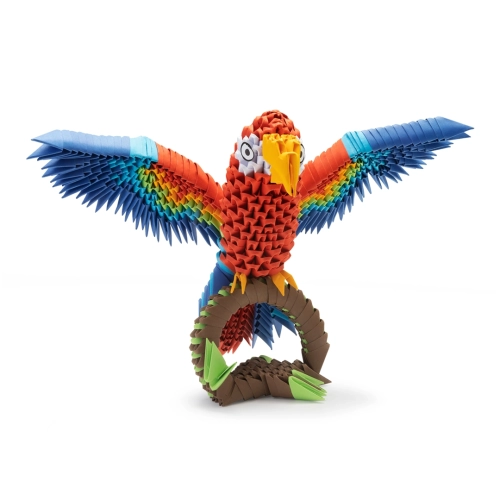 Zestaw kreatywny Origami 3D Papuga Parrot – kolorowa papierowa figurka na gałęzi.