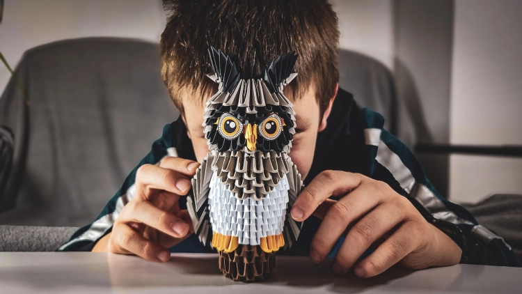 Zdjęcie chłopca z modelem sowy Origami 3D – chłopiec trzyma ręcznie złożony model sowy z papieru.