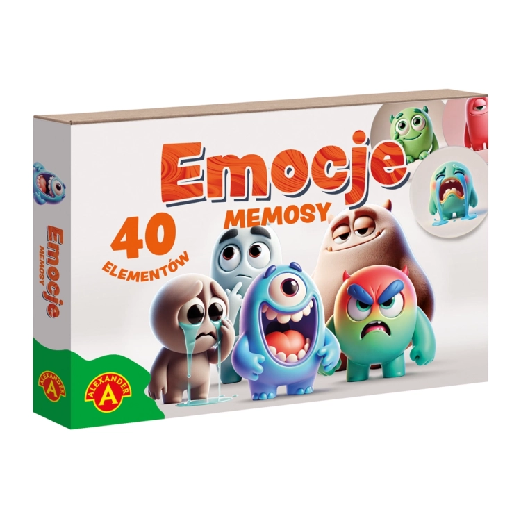 Pudełko gry Memosy – Emocje, edukacyjna gra pamięciowa dla dzieci 4+.