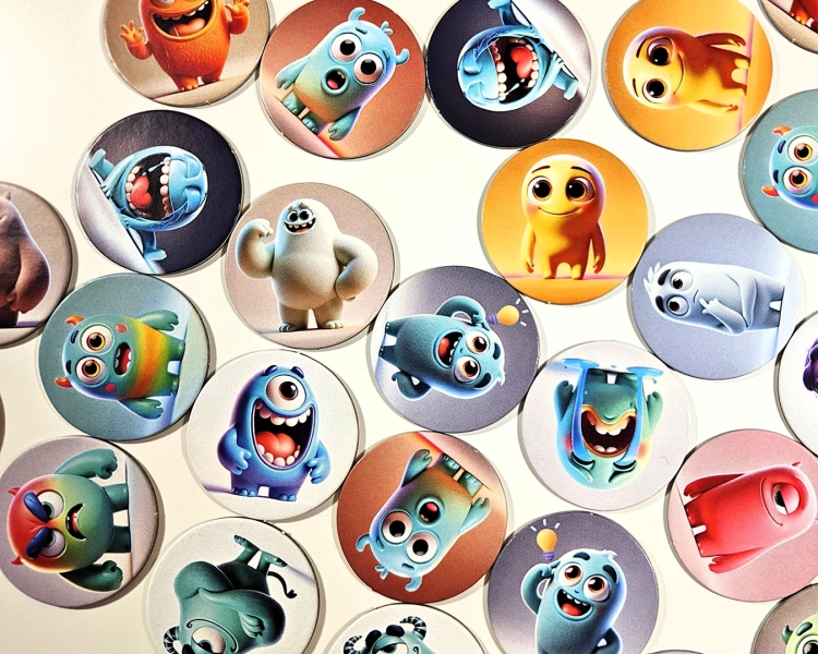 Kolorowe karty z postaciami wyrażającymi różne emocje, gra Memosy.