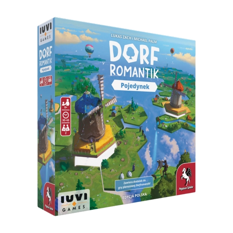 Opakowanie gry Dorfromantik: Pojedynek – Pudełko gry planszowej Dorfromantik: Pojedynek od IUVI Games z ilustracją malowniczych krajobrazów.