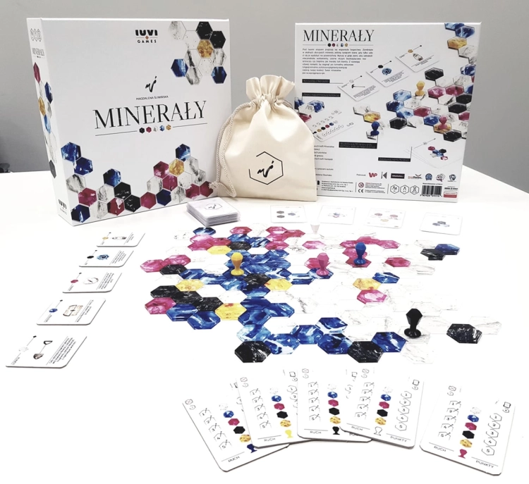 Elementy gry Minerały – plansza, karty i pionki