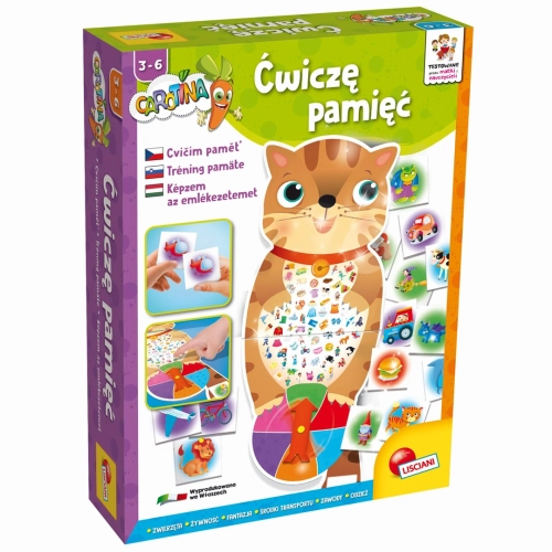 Opakowanie gry edukacyjnej „Carotina Ćwiczę Pamięć” od Lisciani dla dzieci 3+.