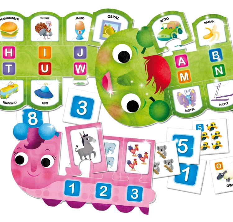 Kolorowe elementy gry edukacyjnej Carotina ABC-123 od Lisciani – interaktywna nauka dla przedszkolaków.