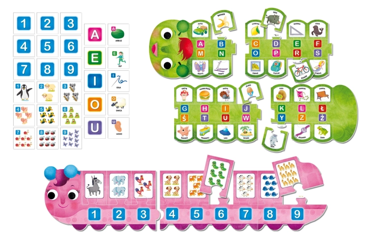 Kolorowe elementy gry edukacyjnej Carotina ABC-123 od Lisciani – interaktywna nauka dla przedszkolaków.