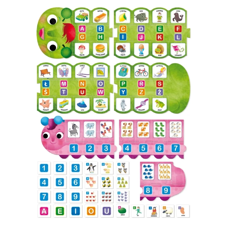 Zawartość zestawu Lisciani Carotina ABC-123 – plansze, karty i literki do nauki alfabetu i liczb.