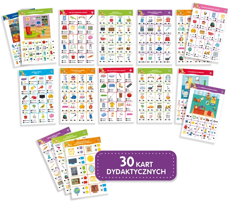 Zawartość zestawu Lisciani Carotina 500 Pytań Mój Dom – 30 kart dydaktycznych
