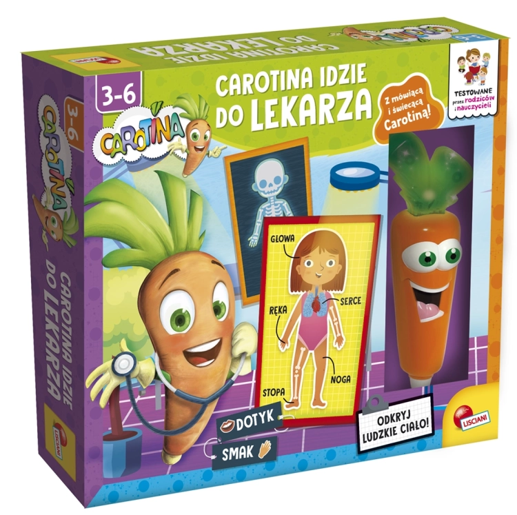 Interaktywna marchewka Carotina i ilustracje ludzkiego ciała w edukacyjnej grze