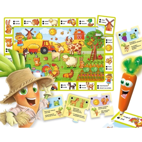 Zawartość zestawu Lisciani Carotina Jedzie na Wieś – plansza i karty edukacyjne