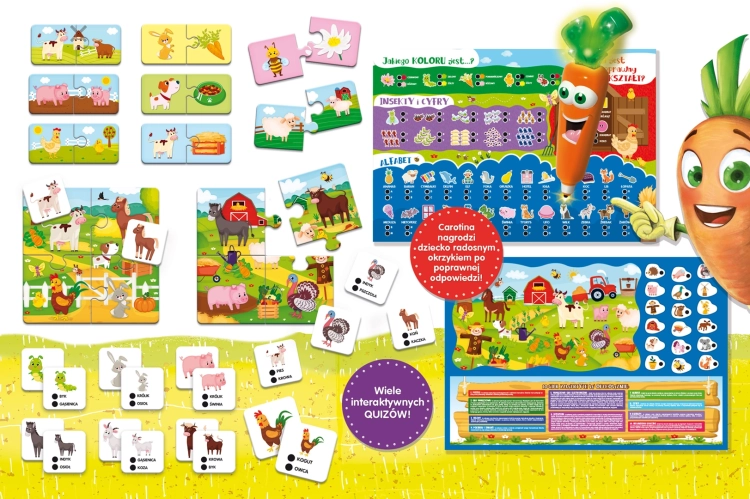 Zawartość zestawu Lisciani Carotina 10 Gier – plansze, karty i puzzle edukacyjne