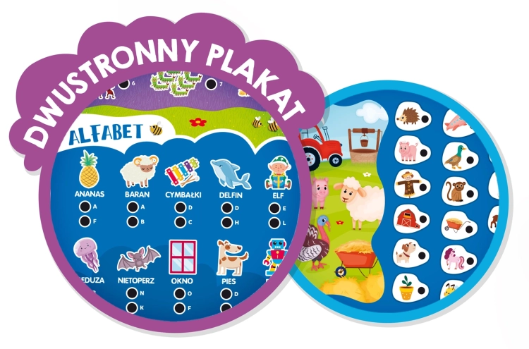 Dwustronny plakat edukacyjny z alfabetem, kolorami i quizami