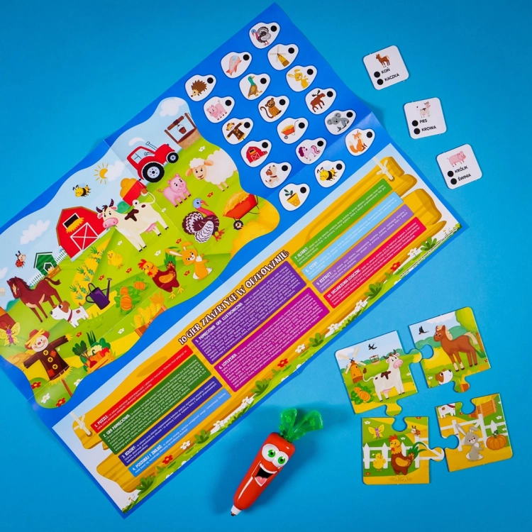 Kolorowe puzzle edukacyjne przedstawiające zwierzęta gospodarskie i rośliny