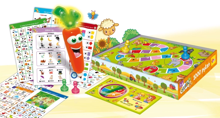 Zawartość zestawu Lisciani Carotina 1000 Pytań – karty edukacyjne i plansza