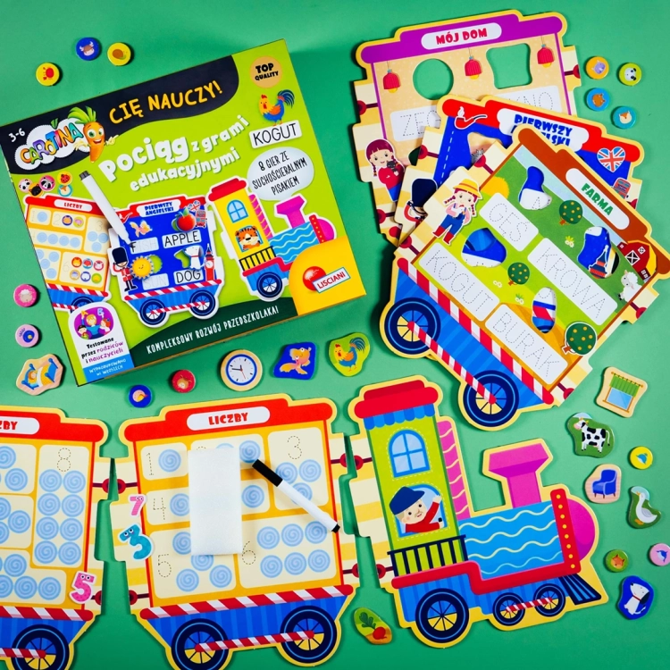 Zestaw edukacyjny pociąg z wagonami do nauki alfabetu, liczb i angielskich słówek.
