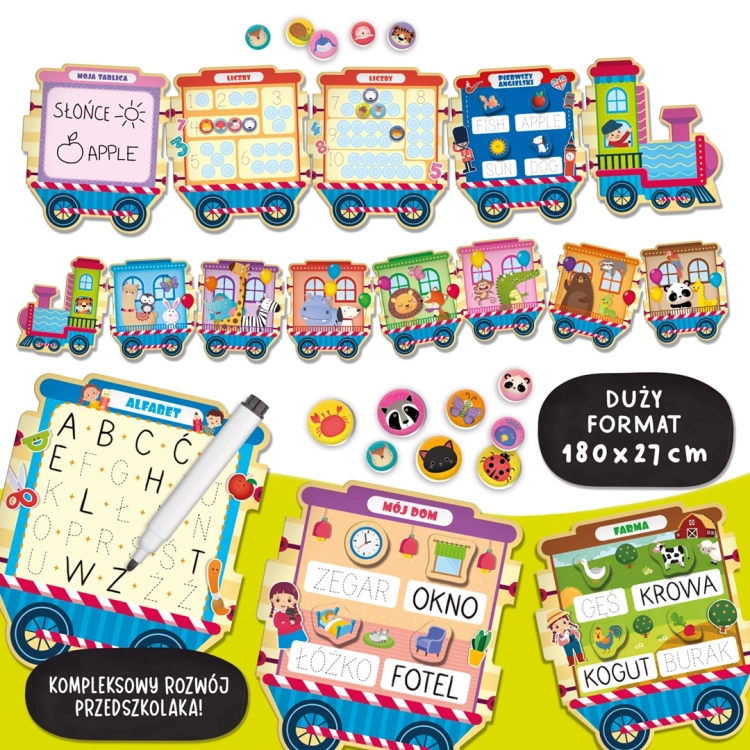 Edukacyjny pociąg Carotina Cię Nauczy od Lisciani z magnetycznymi elementami.