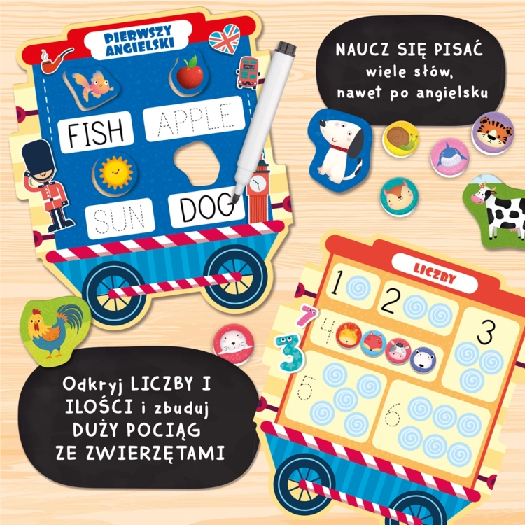 Tablica suchościeralna z magnetycznymi elementami w zestawie Carotina Cię Nauczy.
