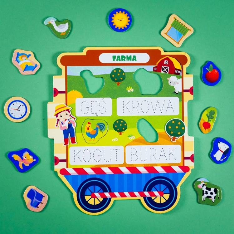 Kolorowy pociąg edukacyjny dla dzieci – rozwój języka, logiki i motoryki małej.