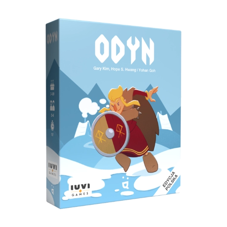 Pudełko gry Odyn – opakowanie gry karcianej Odyn od Helvetiq, z ilustracją wojownika wikinga na tle gór.