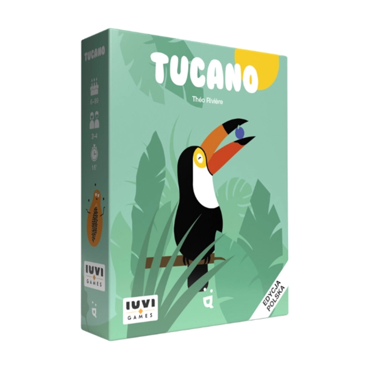 Pudełko gry Tucano – Opakowanie gry karcianej Tucano od Helvetiq z ilustracją tukana na tropikalnym tle.