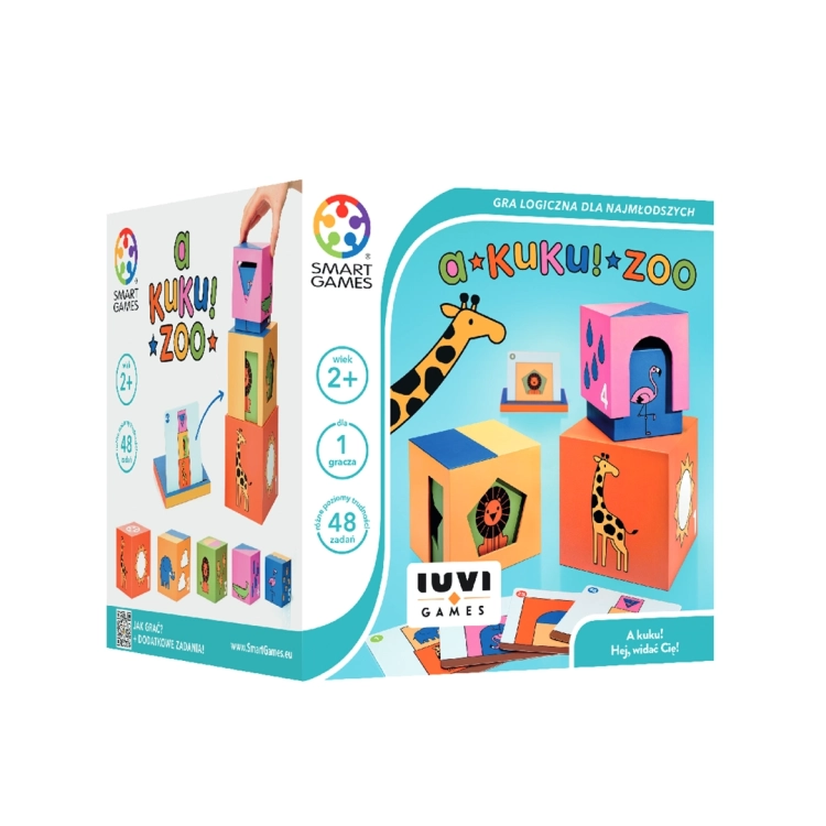 Opakowanie gry logicznej "A kuku! Zoo" SmartGames 2+ - kolorowe pudełko z grafiką zwierząt i elementami gry.