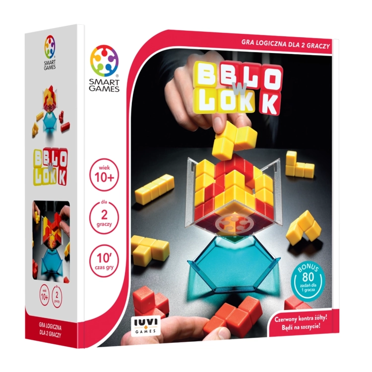 Gra Blok w Blok SmartGames – pudełko – opakowanie gry logicznej Blok w Blok dla graczy 10+.