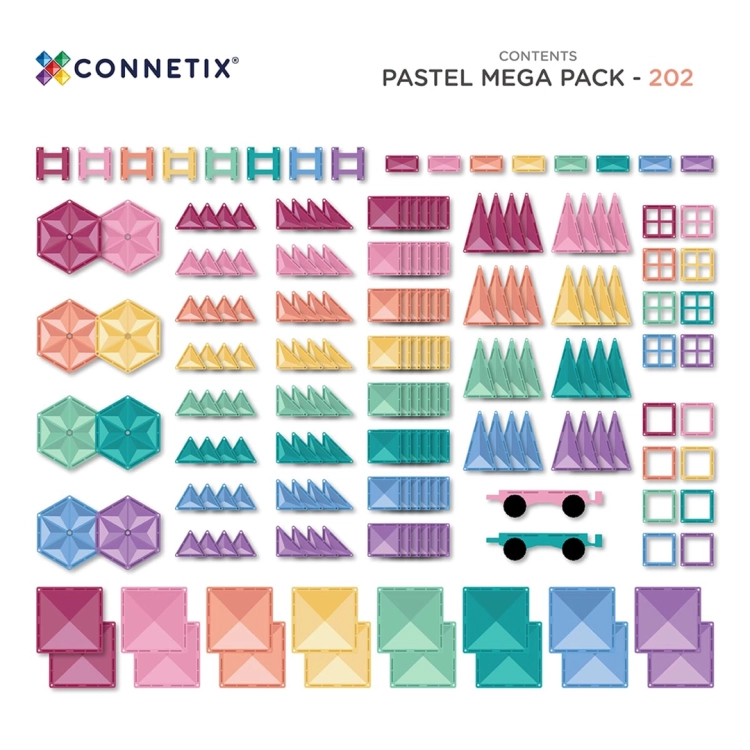 Zawartość zestawu Connetix Pastel Mega Pack – 202 kolorowe elementy magnetyczne w widoku poglądowym.