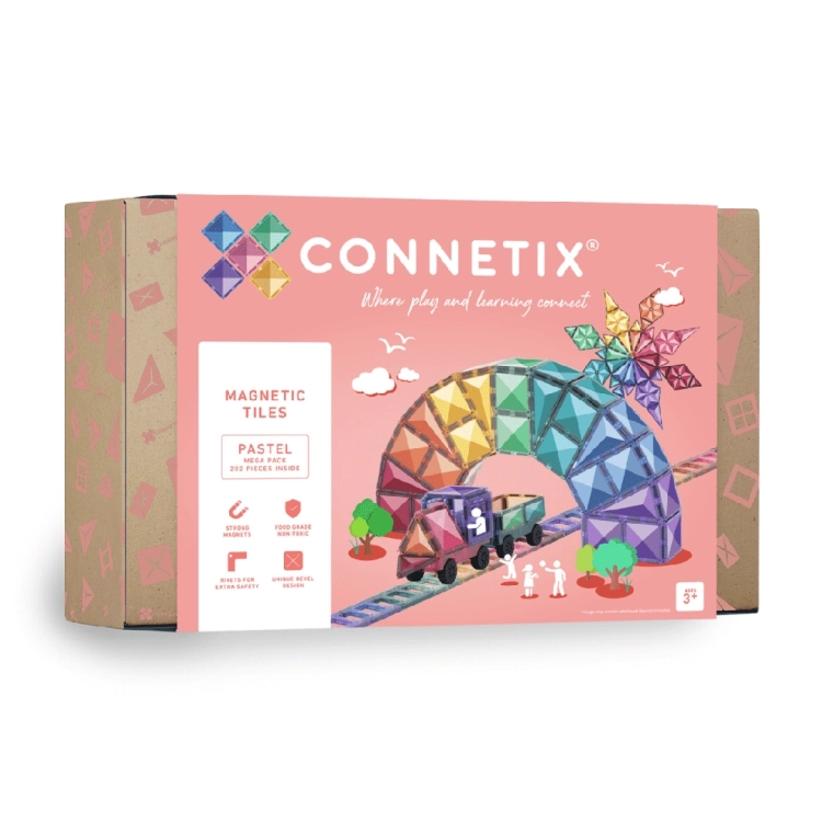 Opakowanie zestawu Connetix Pastel Mega Pack z grafiką tęczowego tunelu zbudowanego z klocków.