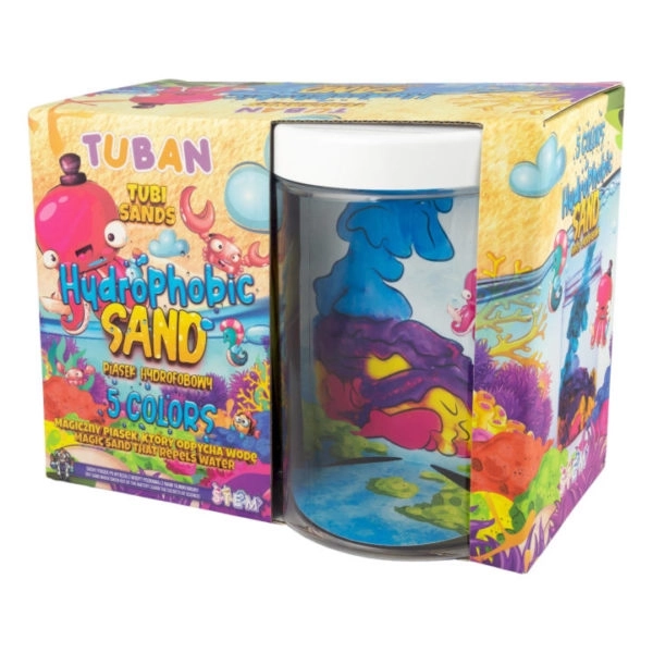 Opakowanie piasku hydrofobowego TUBAN z akwarium i napisem "Hydrophobic Sand – 5 Colors".