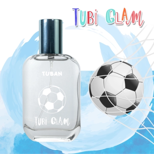 Perfumy Tubi Glam Be Cool z motywem piłki na tle siatki bramkarskiej i napisu Tubi Glam