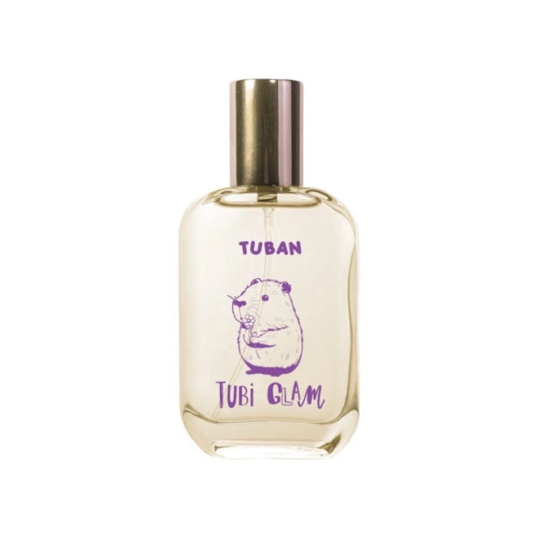 Flakon perfum Tubi Glam Good Mood z ilustracją chomika i fioletowym napisem Tubi Glam.