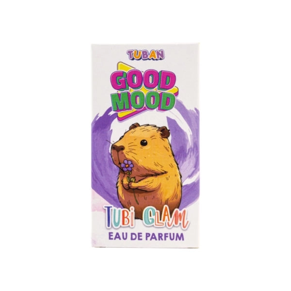 Front opakowania perfum Tubi Glam Good Mood z rysunkiem chomika trzymającego kwiatek.