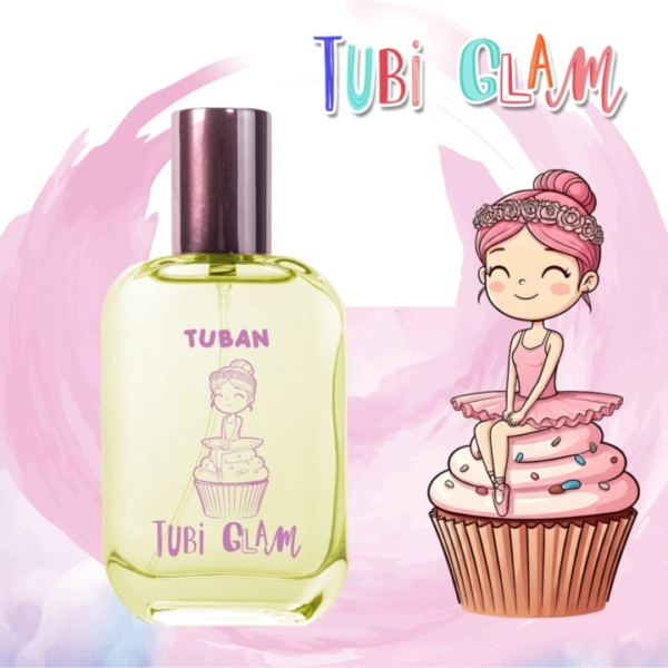 Flakon perfum Tubi Glam Sweet Girl z grafiką dziewczynki siedzącej na babeczce, obok ilustracja postaci z opakowania.