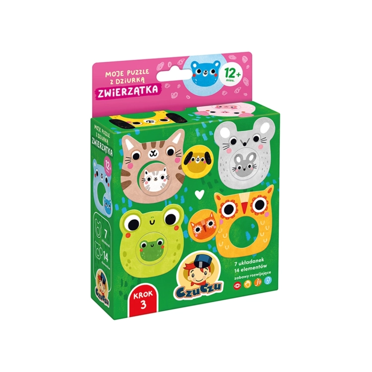 Front opakowania zestawu Moje puzzle z dziurką Zwierzątka CzuCzu z ilustracjami puzzli i informacją 12+.